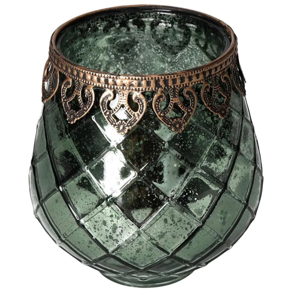 Elegant lantern with metal rim and intricate design, showcasing luxury and contemporary style by Sylvia Crystals.