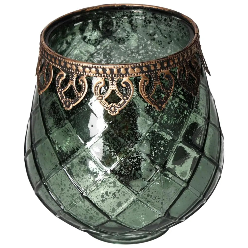 Elegant green lantern with intricate metal rim, showcasing Sylvia Crystals' luxury and design excellence.