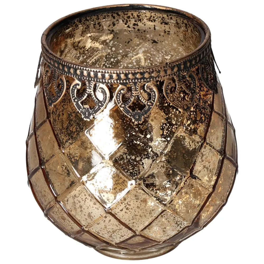 Elegant lantern with a decorative metal rim, featuring a mosaic-style metallic finish, perfect for enhancing indoor or outdoor spaces.