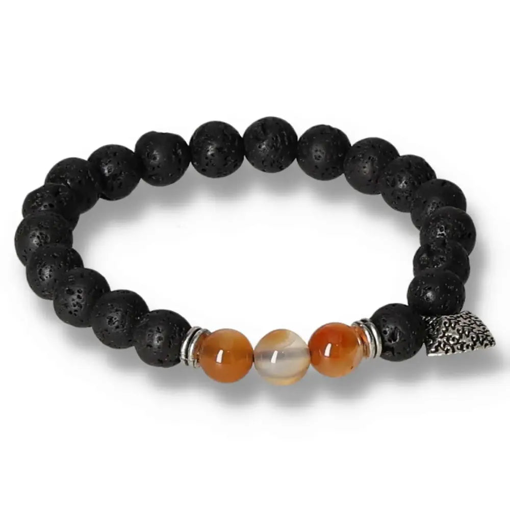Lava Stone Bracelet with Axe-head Carnelian, featuring genuine lava stones and vibrant centerpiece, designed by Sylvia Crystals.