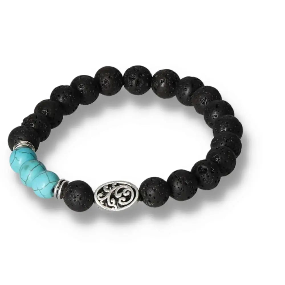 Lava Stone Bracelet with Leaf Turquoise accents and ornate silver bead, part of the Sylvia Crystals collection.