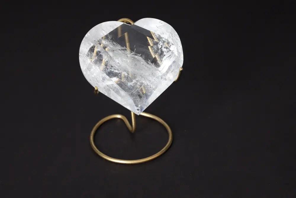 Lemurian Quartz Geometric Heart on brass stand, premium Sylvia Crystals creation, embodies conscious luxury and spiritual elegance.