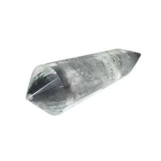 Exquisite Lemurian Quartz Point displaying ancient wisdom with distinct horizontal striations on a dark background.