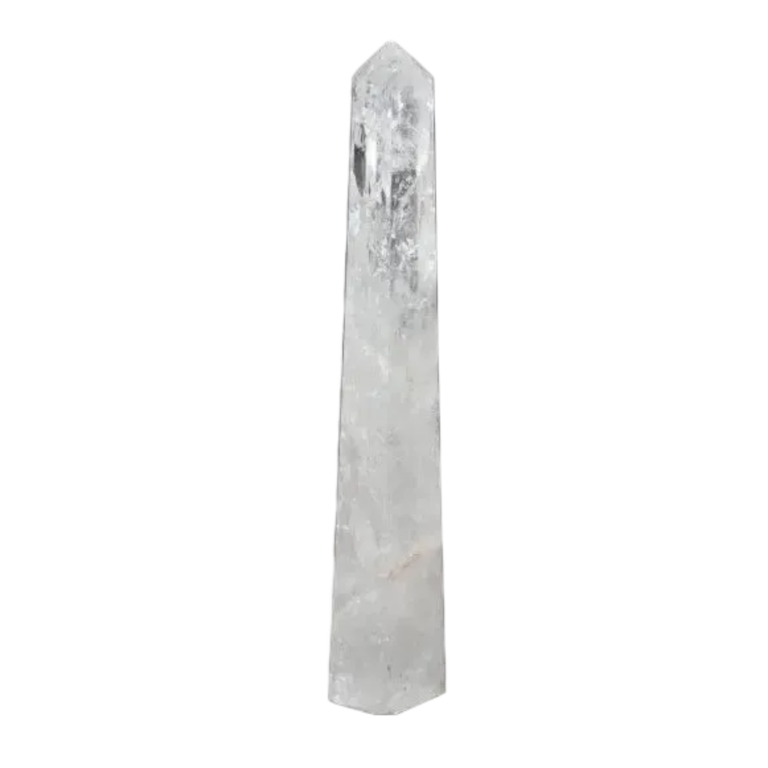 Clear Lemurian Quartz Obelisk showcasing its crystal clarity and spiritual significance on a dark background