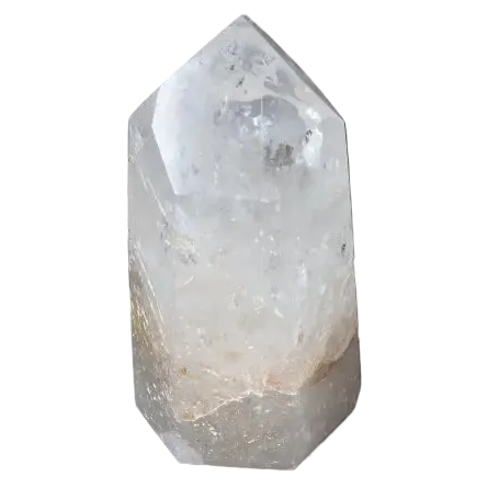 Lemurian Quartz Obelisk against a dark background, showcasing its unique clarity and energetic properties for chakra alignment.