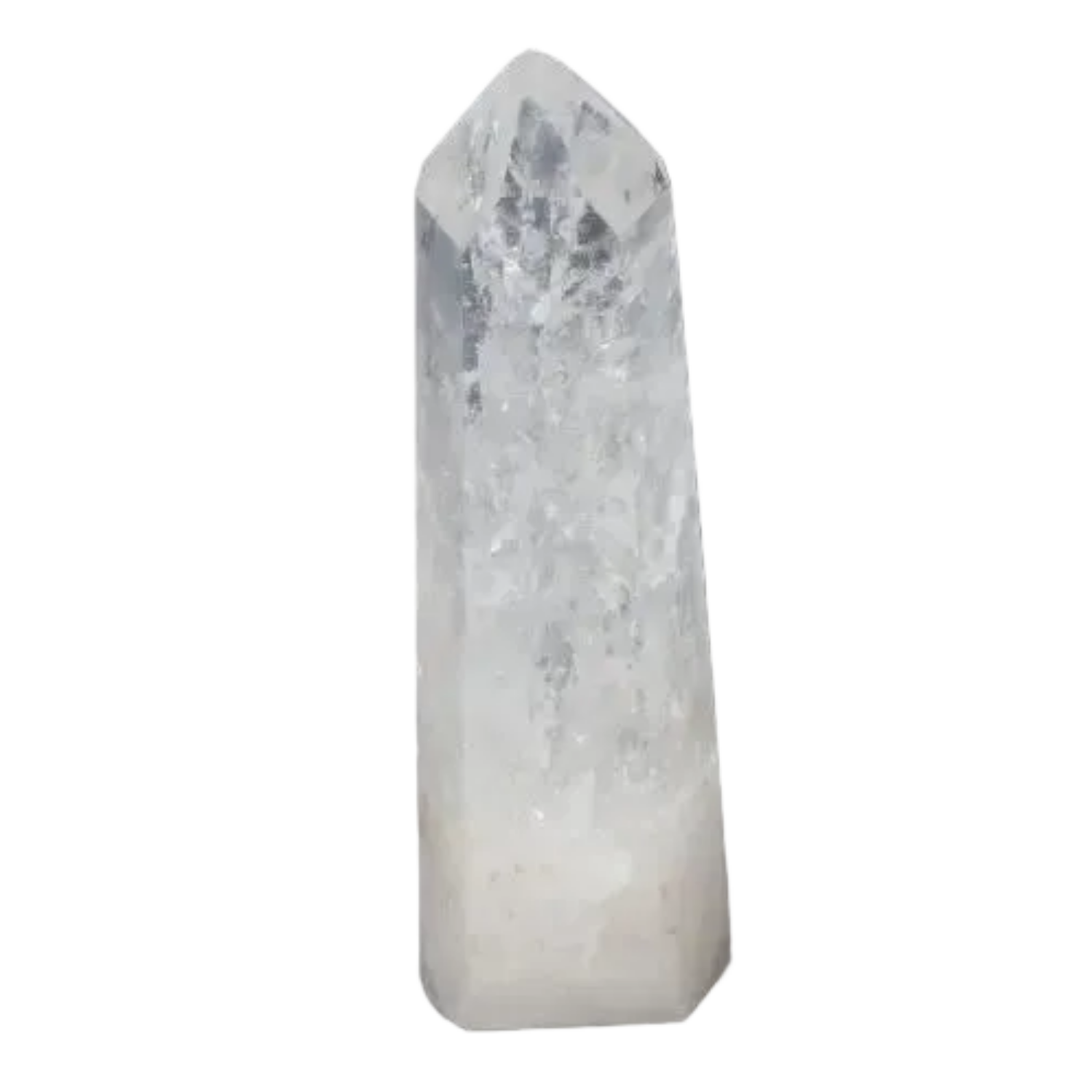 Lemurian Quartz Obelisk with healing properties, supporting chakras and zodiac signs, on a dark background.