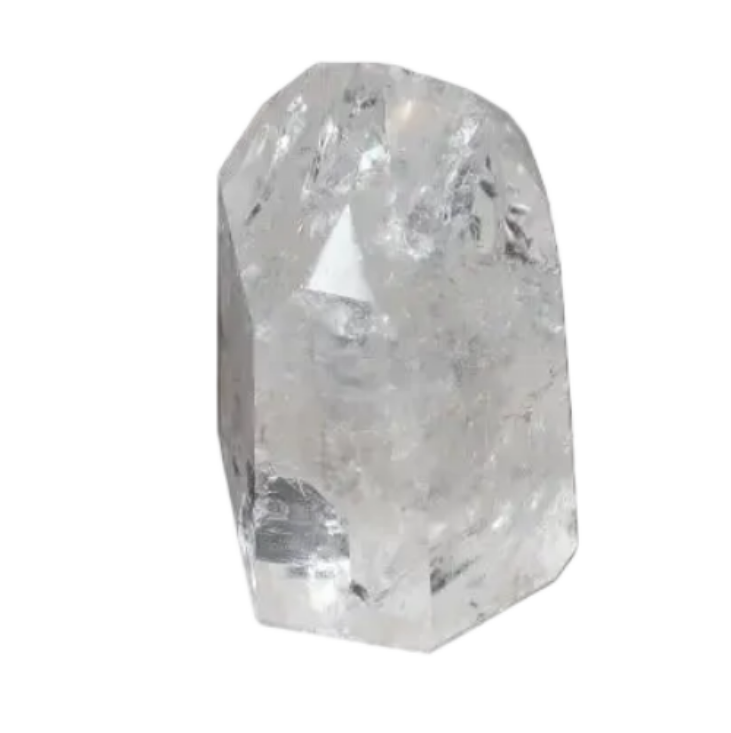 Lemurian Quartz Obelisk on black background, reflecting light, known for its spiritual properties and chakra alignment benefits.