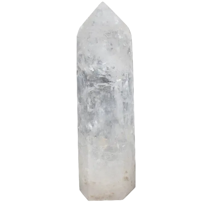 Lemurian Quartz Obelisk on black background, known for clarity and energy amplification, ethically sourced and naturally formed.