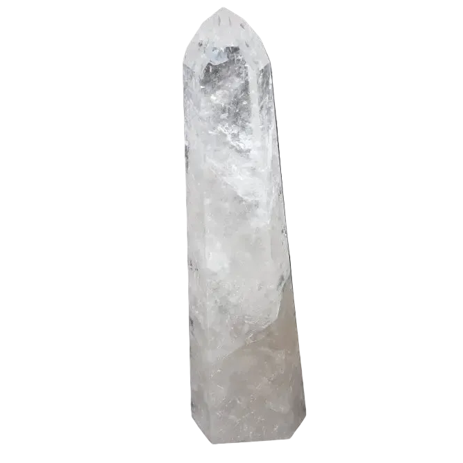 Lemurian Quartz Obelisk crystal on a dark background, symbolizing clarity and balance; known as the Master Healer in crystal healing.