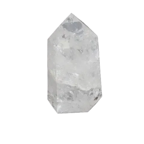 Lemurian Quartz Obelisk, ethically sourced clear quartz for clarity, balance, and personal growth, on a dark background.