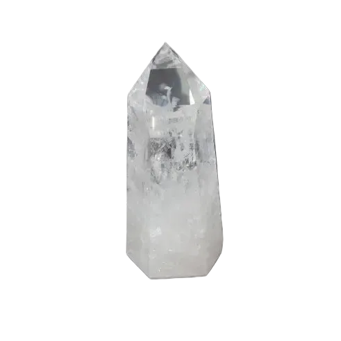 Lemurian Quartz Obelisk on black background, a clear healing crystal for clarity and balance, ethically sourced and naturally formed.