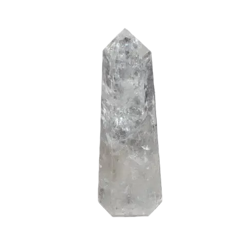 Lemurian Quartz Obelisk, clear crystal promoting clarity and balance, showcased on a dark background.