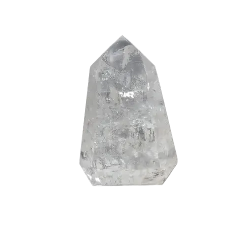 Lemurian Quartz Obelisk crystal on dark background, known for clarity and balance, ethically sourced and naturally formed.