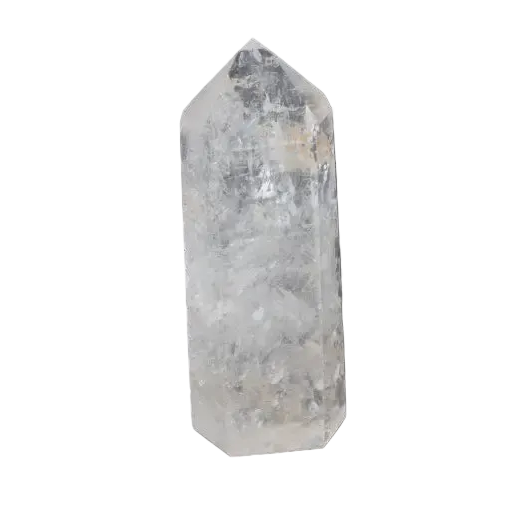Lemurian Quartz Obelisk on dark background, showcasing clear crystal structure for energy amplification and healing.