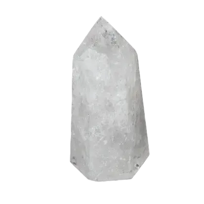 Lemurian Quartz Obelisk, clear quartz crystal for clarity and personal growth, ethically sourced, natural formation on dark background.