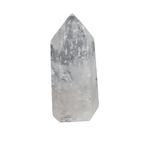 Lemurian Quartz Obelisk on black background, a Clear Quartz crystal known for clarity and energy amplification, ethically sourced and hand-selected.