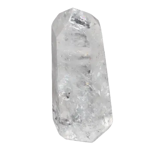 Lemurian Quartz Obelisk on dark background, showcasing its clear crystal structure. Ideal for clarity, balance, and spiritual growth.