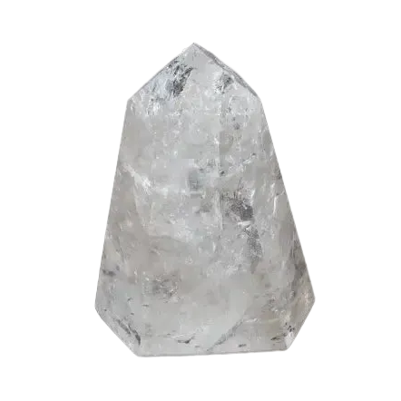 Lemurian Quartz Obelisk: Clear quartz crystal on dark background symbolizing clarity, balance, and personal growth.