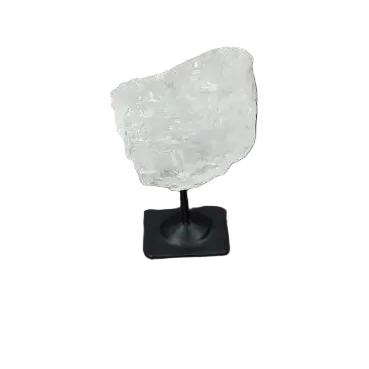 Lemurian Quartz crystal on metal stand against dark background, known as "Master Healer" to enhance clarity, balance, and growth.