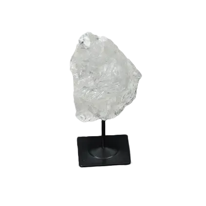 Lemurian Quartz crystal on a sleek metal stand, highlighting its natural clarity and elegance against a dark backdrop.