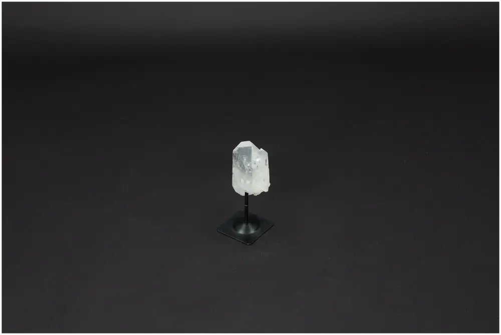 Lemurian Quartz crystal on metal stand, known as the 'Master Healer' for clarity and balance, showcased against a black background.