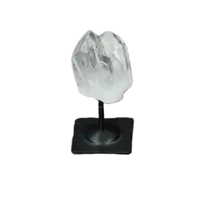 Lemurian Quartz crystal on metal stand against black background, ideal for purification and energy harmonizing.
