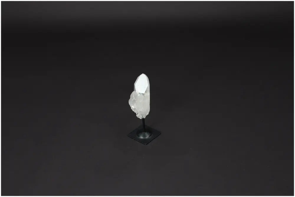Lemurian Quartz on metal stand against dark background, ideal for harmonizing body and mind.