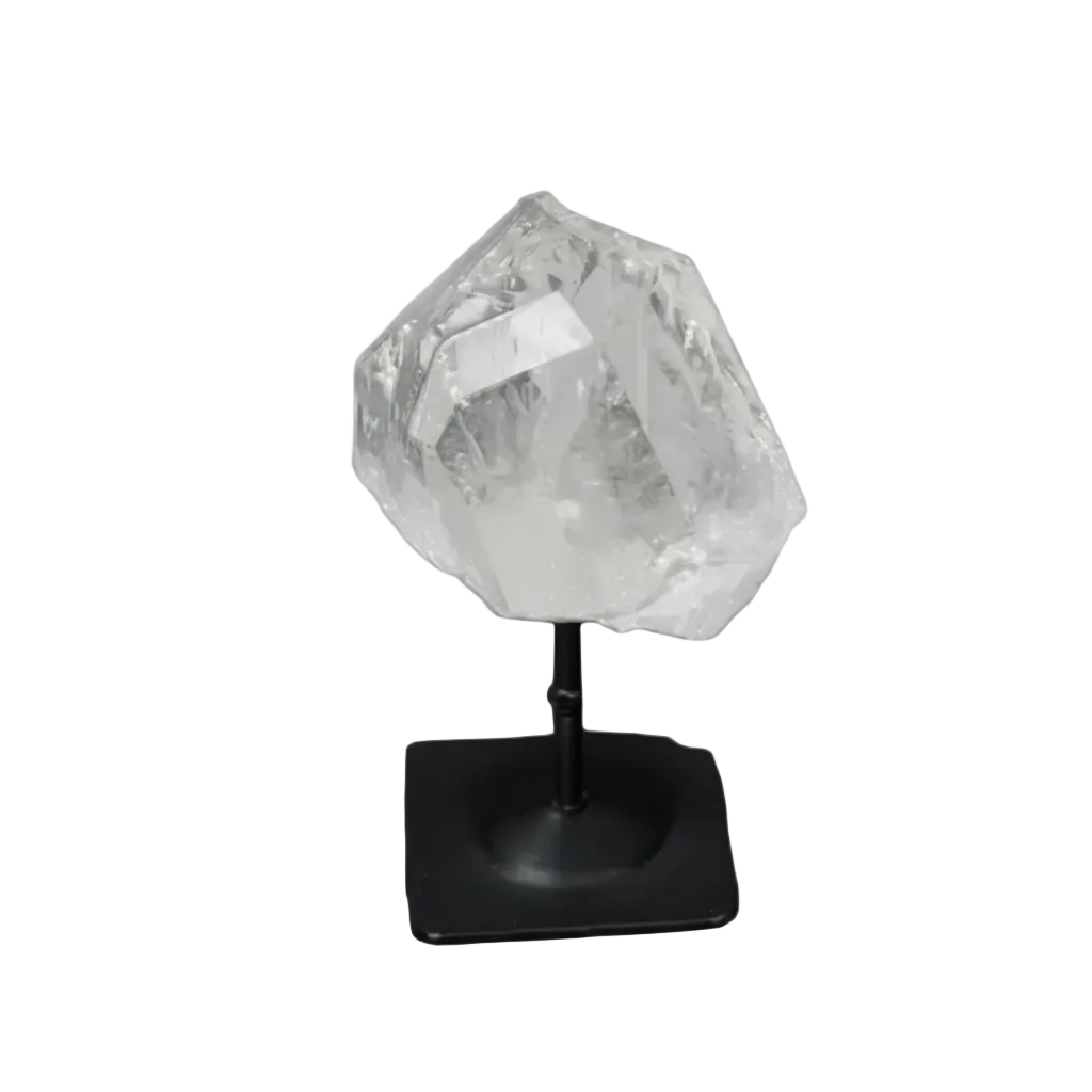 Lemurian Quartz stone on a metal stand against a black background, showcasing its clear, purifying properties.