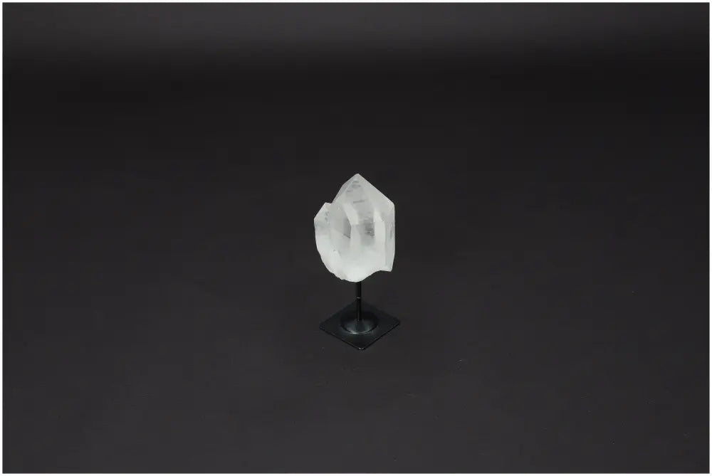 Lemurian Quartz on metal stand against dark background, showcasing its clear crystal structure and purification properties.