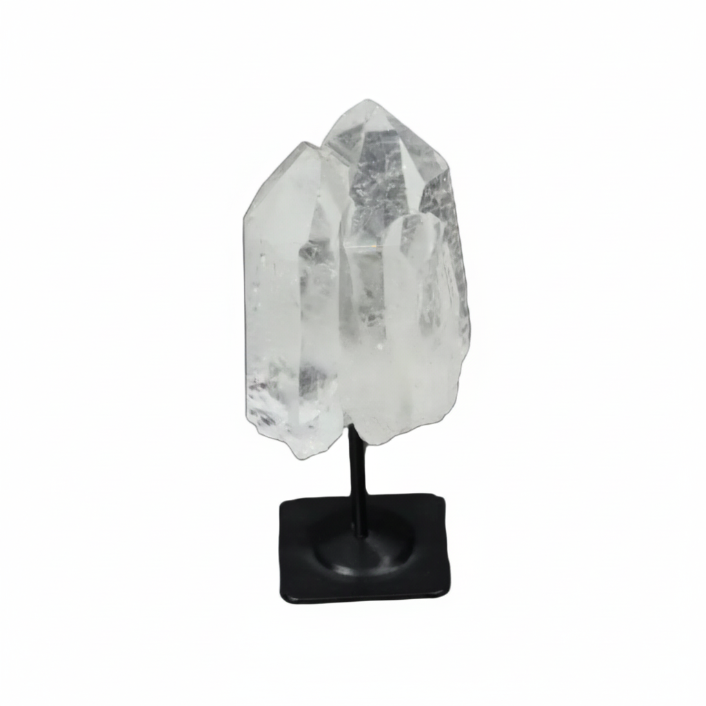 Lemurian Quartz on black metal stand for purification, absorbing negative energy, and cleansing spaces from harmful radiation.