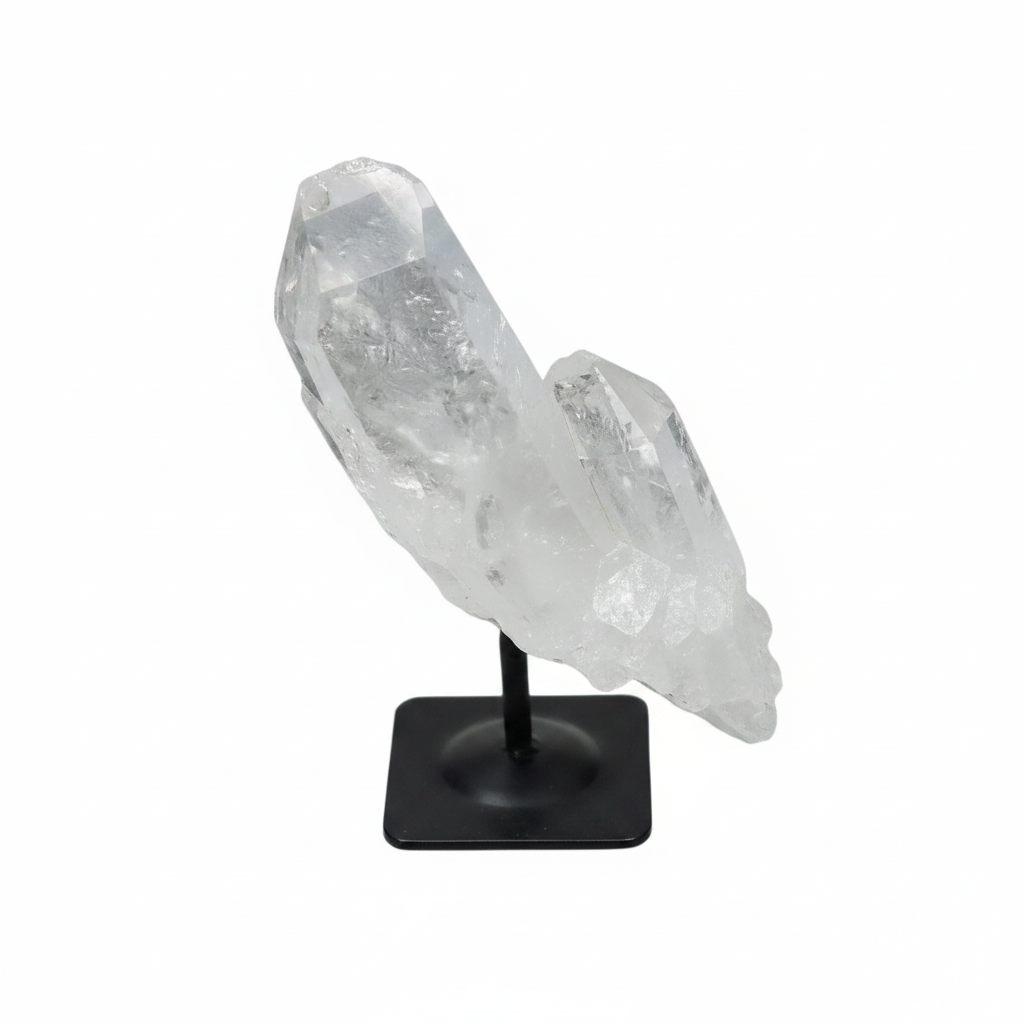 Lemurian Quartz Crystal on metal stand, showcasing its clear natural structure and ideal for harmonizing and purifying space.