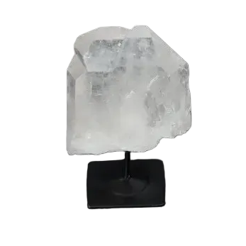 Lemurian quartz crystal on metal stand, ideal for energy purification and neutralizing negative vibrations, against dark background