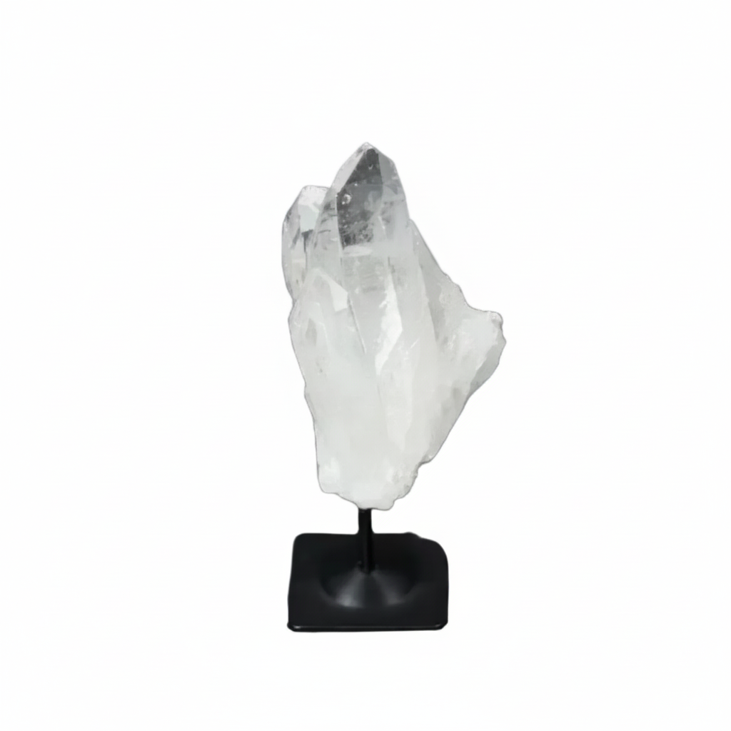 Lemurian Quartz crystal on a sleek metal stand against a dark background, showcasing its clear, purifying properties.
