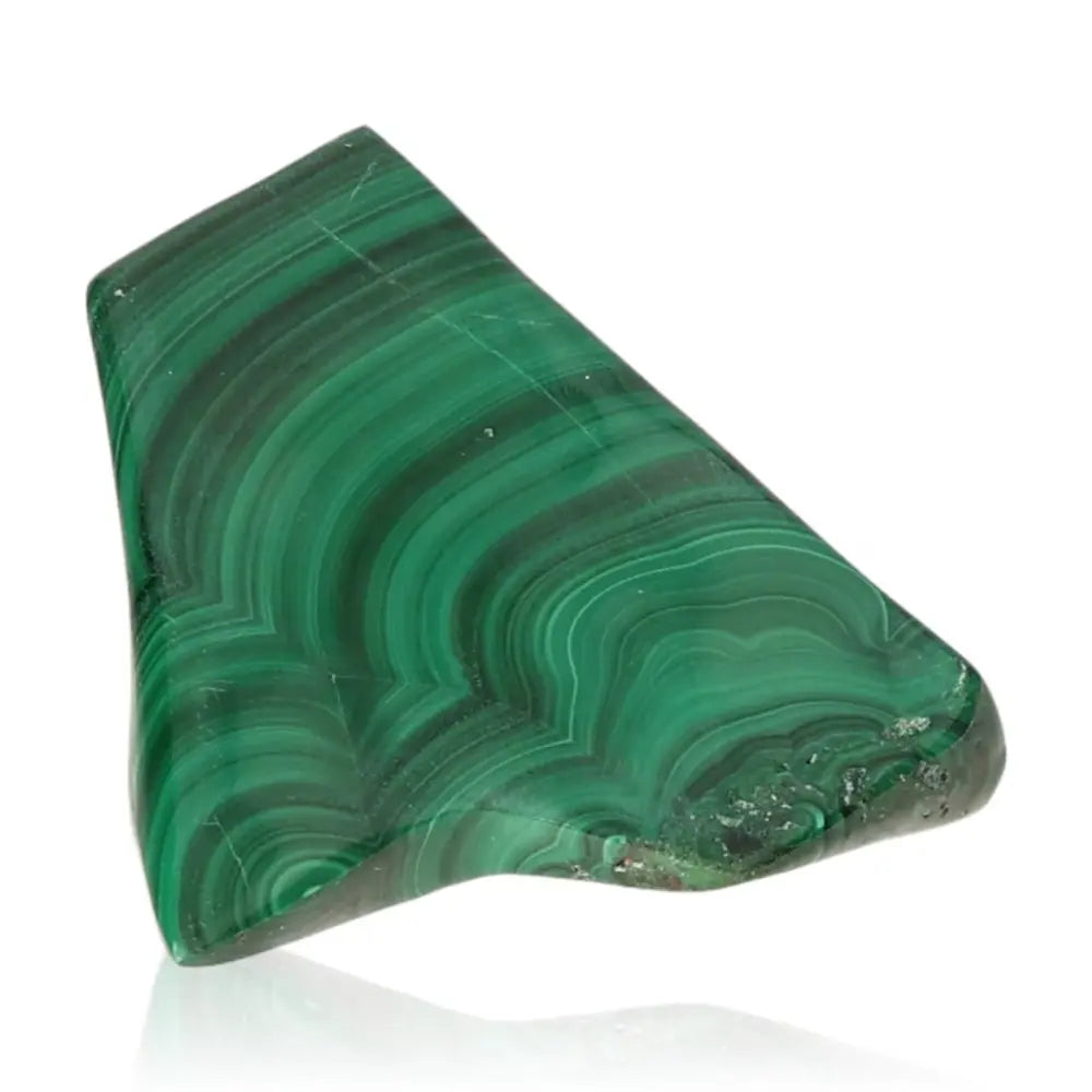 Polished Malachite stone with vibrant green swirls, symbolizing soothing energy, courage, and positive transformation.