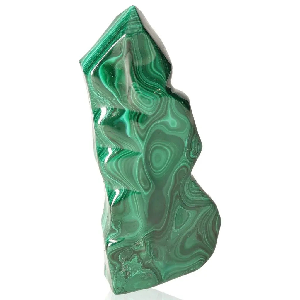 Polished malachite stone with green swirls representing nature's vibrant energy and soothing qualities.