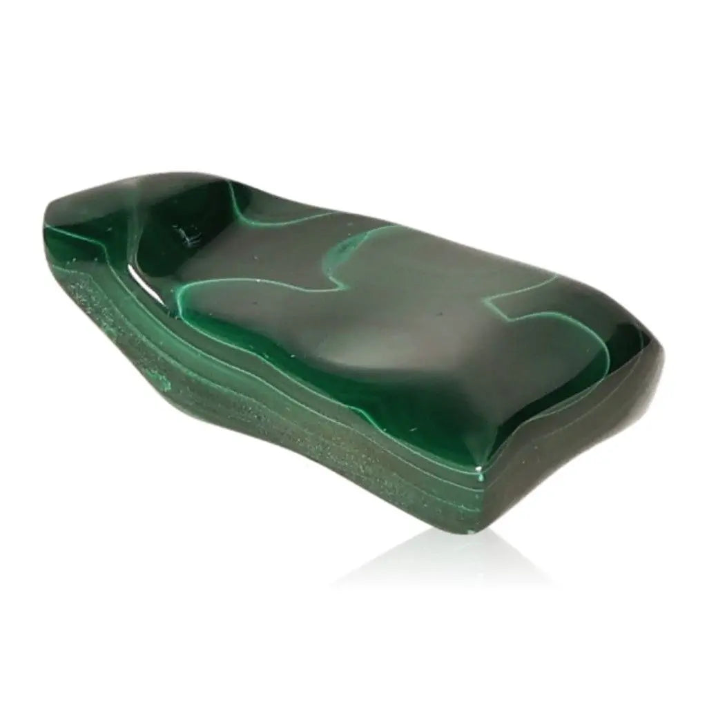 Polished green malachite gemstone with soothing energy and hope-enhancing properties for inner harmony and positivity.