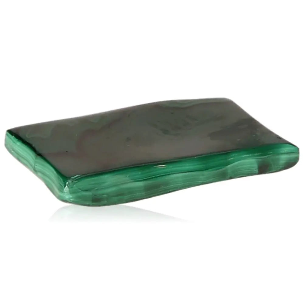 Polished rectangular Malachite stone with rich green hues and smooth texture.