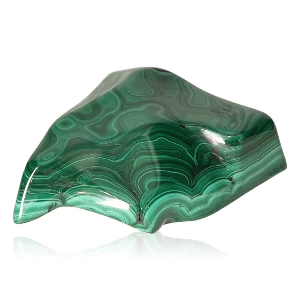 Smooth polished malachite stone showcasing vibrant swirling green patterns, symbolizing transformative energy and natural beauty.