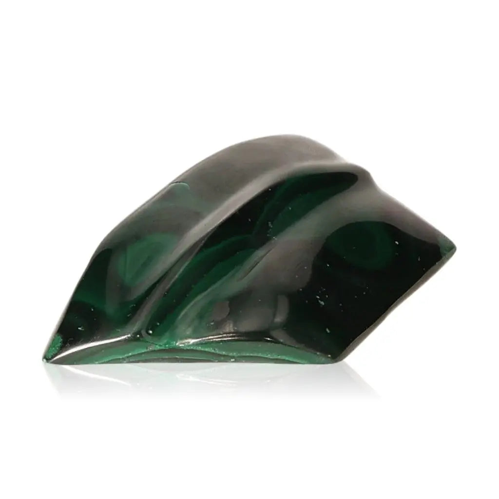 Polished malachite stone showcasing deep green swirls, embodying natural tranquility and strength, with soothing energy properties.