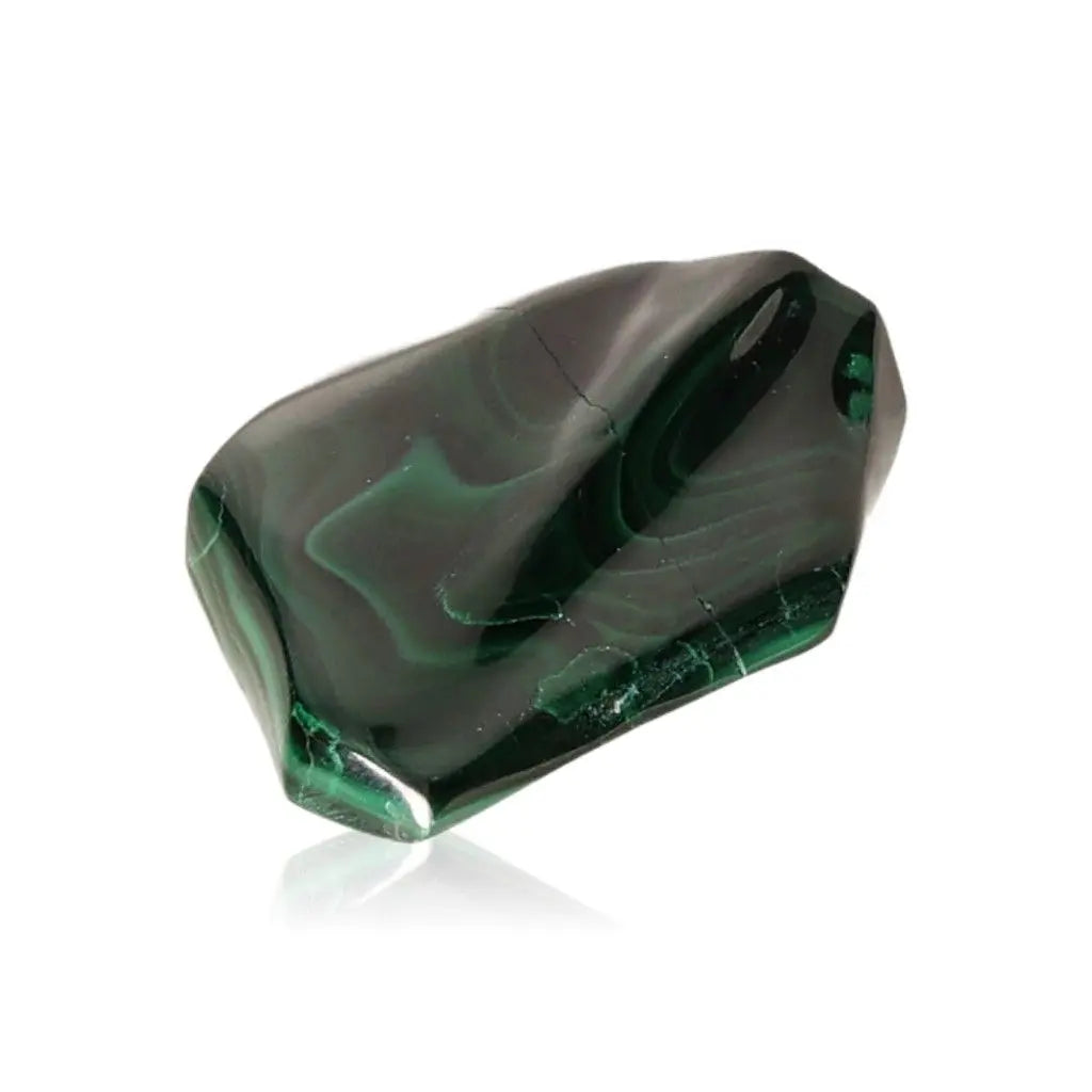 Polished Malachite gemstone with deep green hues and banding, known for soothing energy and spiritual resonance.