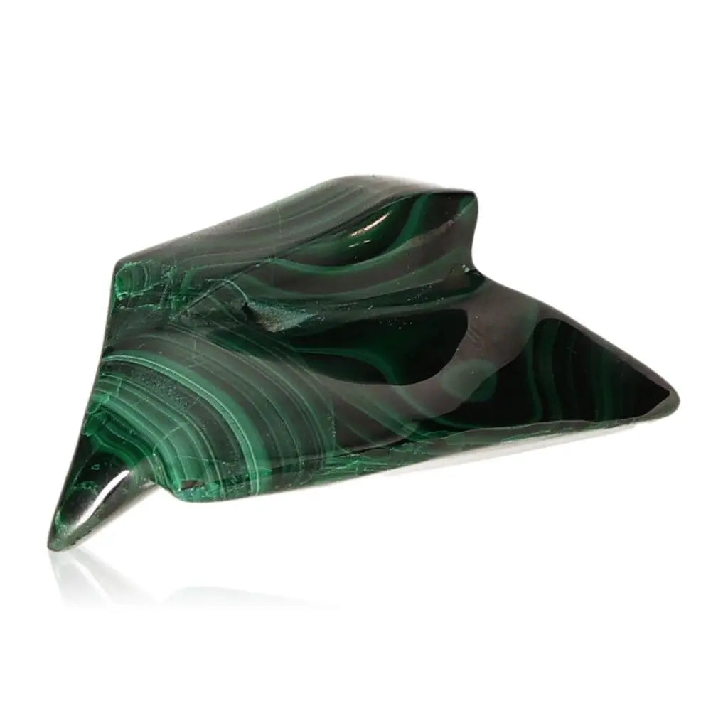 Polished malachite gemstone with deep green hues and banded patterns, ideal for jewelry or decoration, symbolizing nature's beauty and courage.