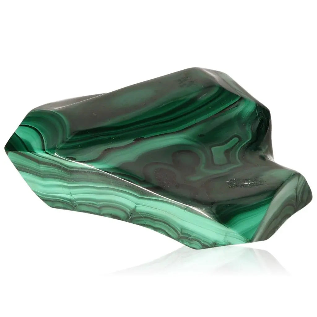 Polished malachite gemstone showcasing vibrant green hues, symbolizing nature and transformation.