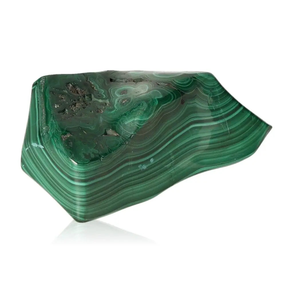 Green Malachite stone with natural swirls, known for its calming properties and courage-boosting energy, also called the 'Stone of Nature'.