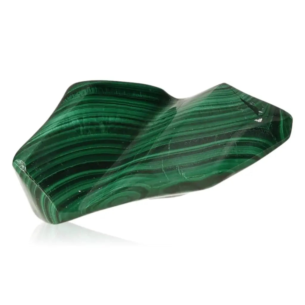 Polished Malachite gemstone with vibrant green hues, known for soothing energy and courage-enhancing properties.