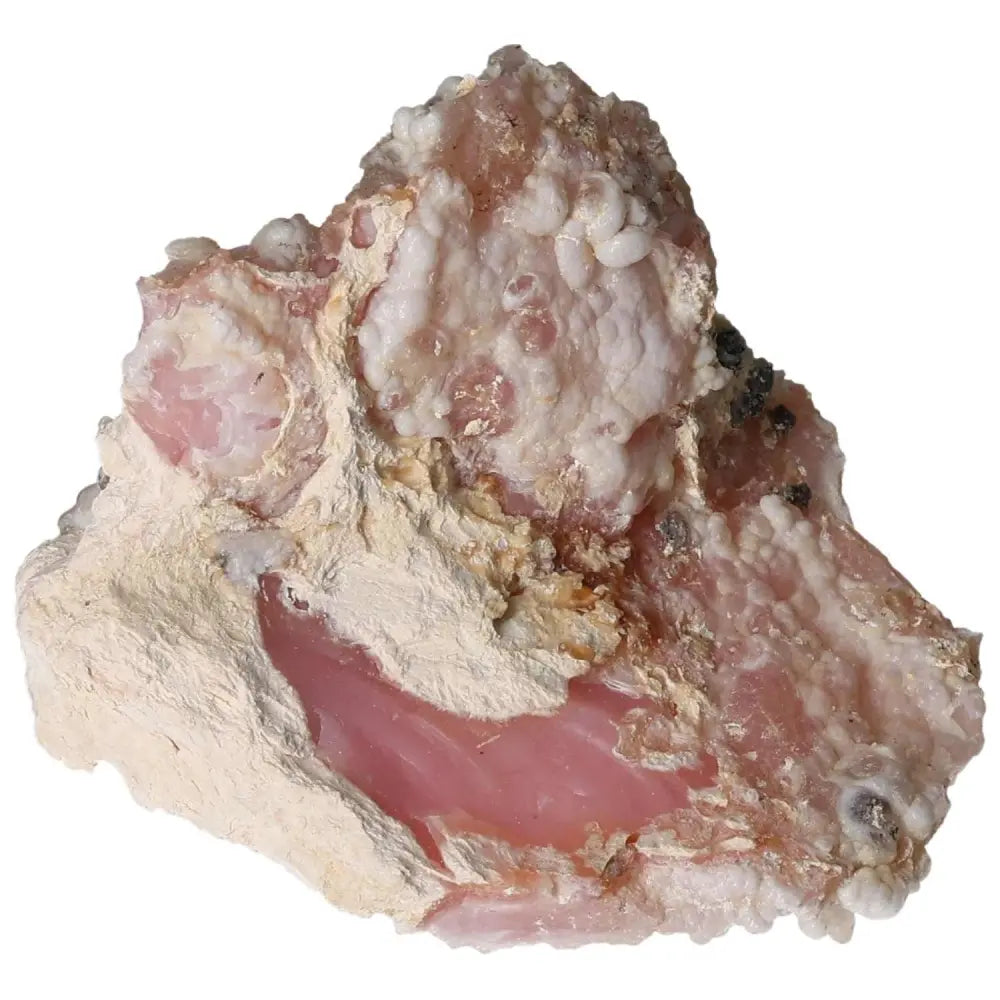 Raw pink Mangano Calcite crystal with soft texture, highlighting its emotional healing and heart-soothing properties.