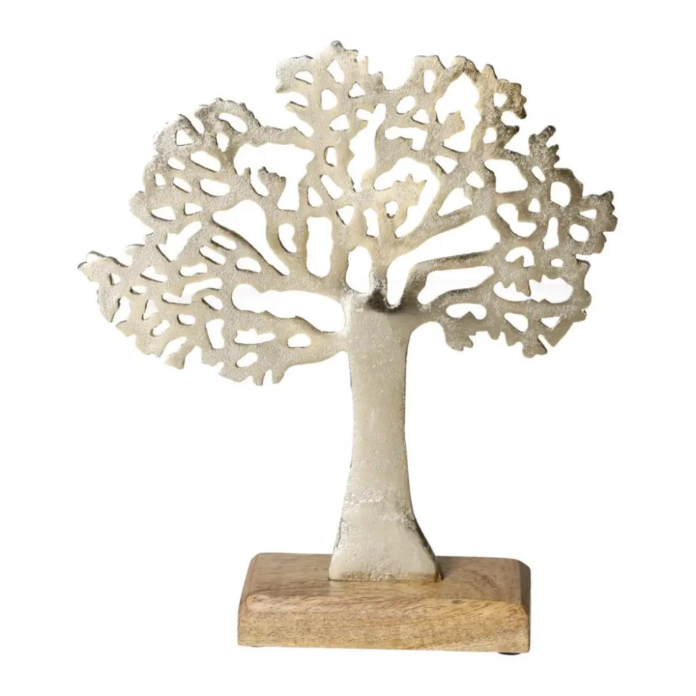 Exquisite metal stand tree on mango wood base, blending modern elegance and natural beauty for a sophisticated home decor piece.