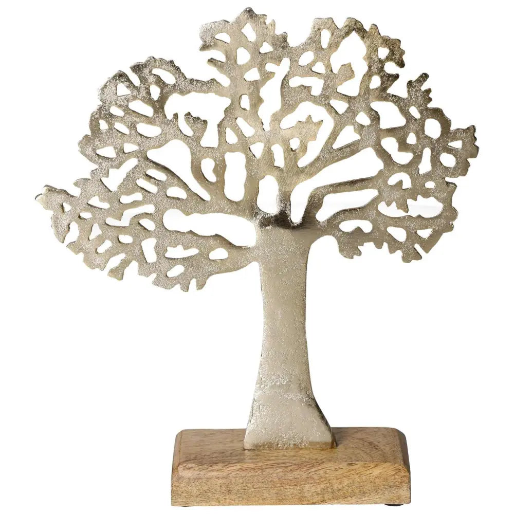 Elegant metal stand tree sculpture on mango wood base, symbolizing strength and warmth, perfect for modern and conscious decor.