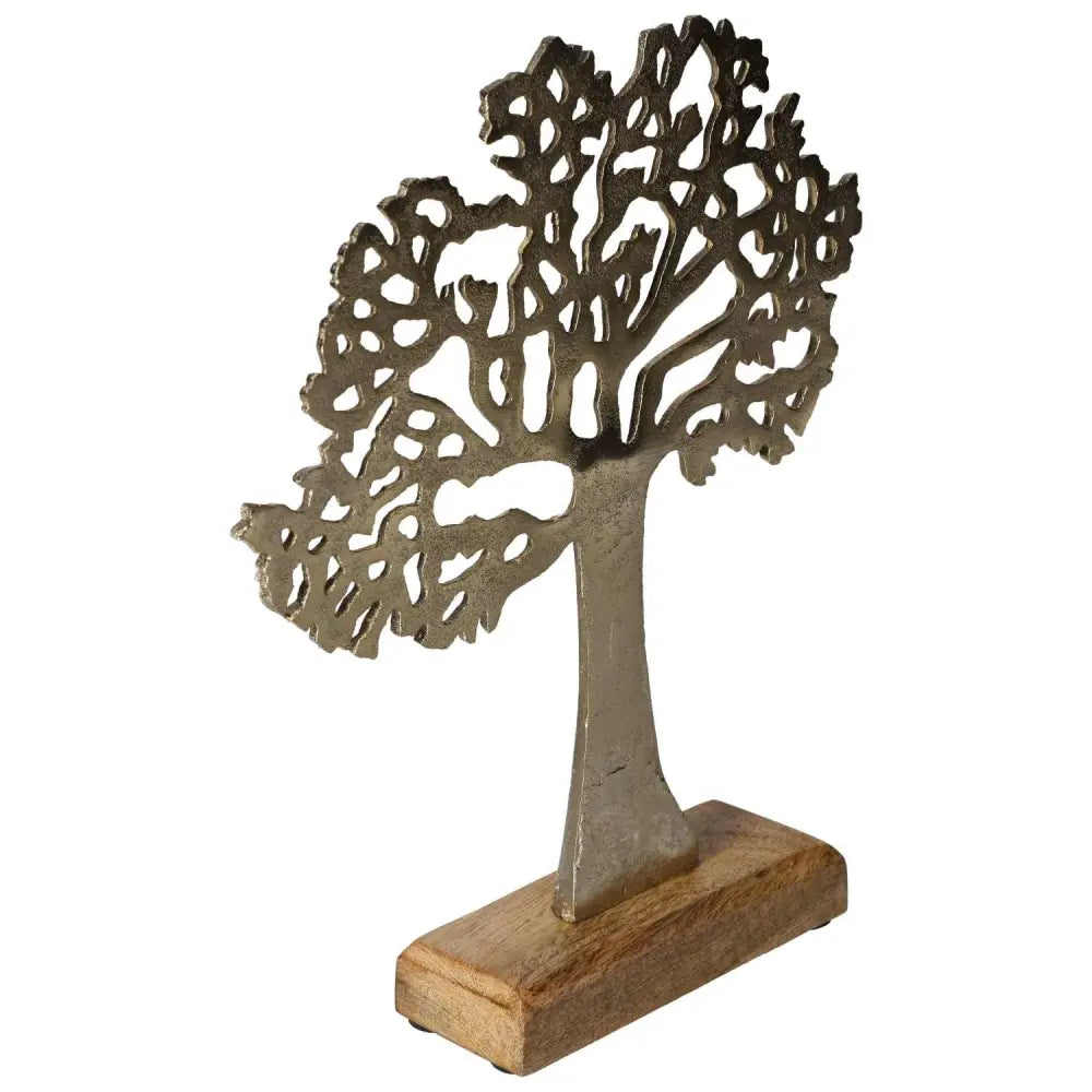 Elegant metal tree sculpture on mango wood base combines sleek design with natural beauty, available at Sylvia Crystals.