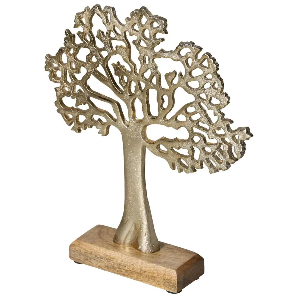 Elegant metal tree sculpture on mango wood base, symbolizing strength and authenticity, by Sylvia Crystals.
