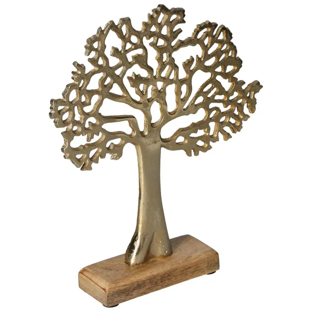 Elegant metal stand tree on mango wood base, showcasing modern aesthetics and natural beauty, ideal for conscious living spaces.